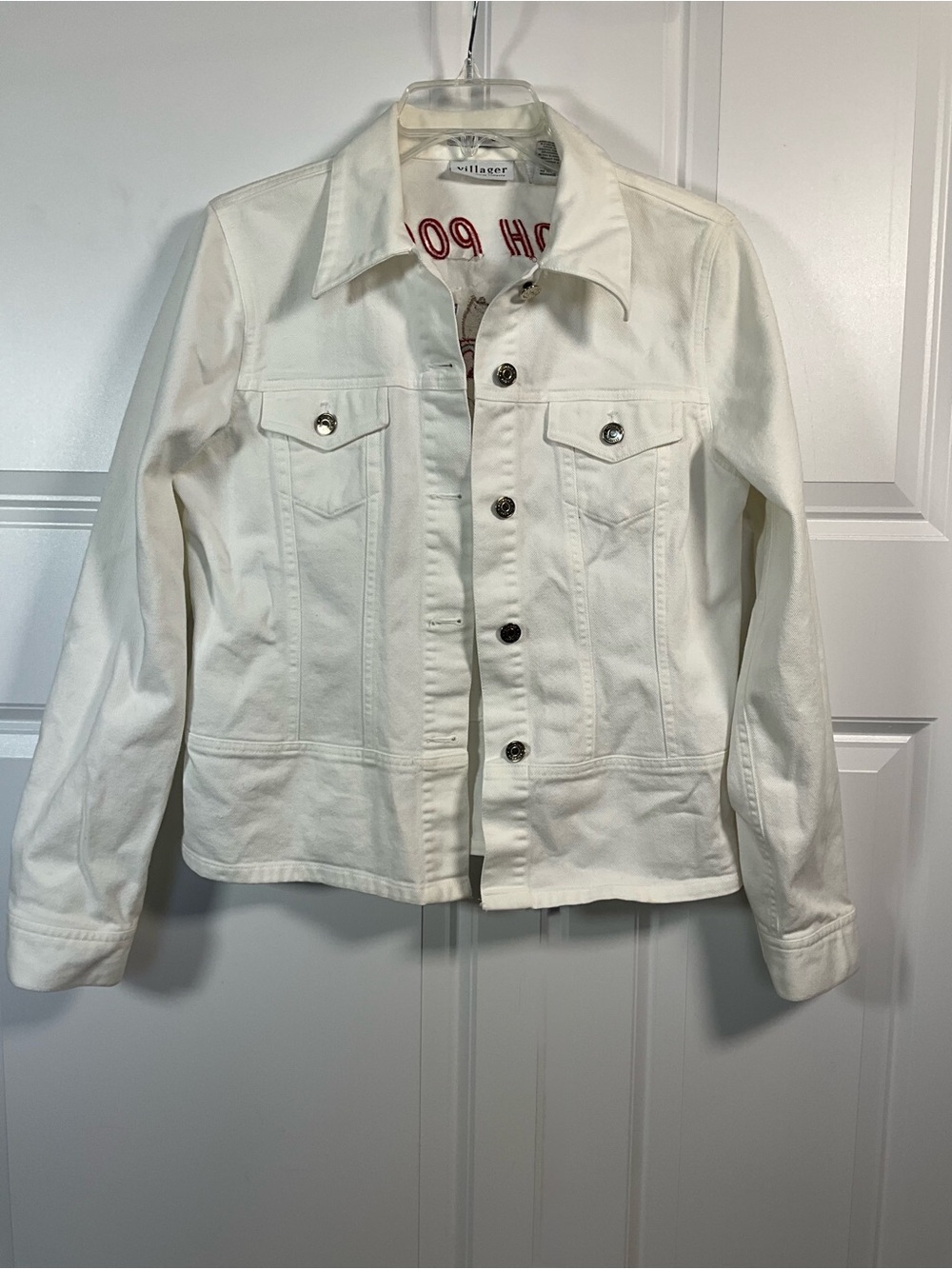 Vintage Villager-Liz Claiborne Jacket Size 10 White Denim Embroidered Characters
